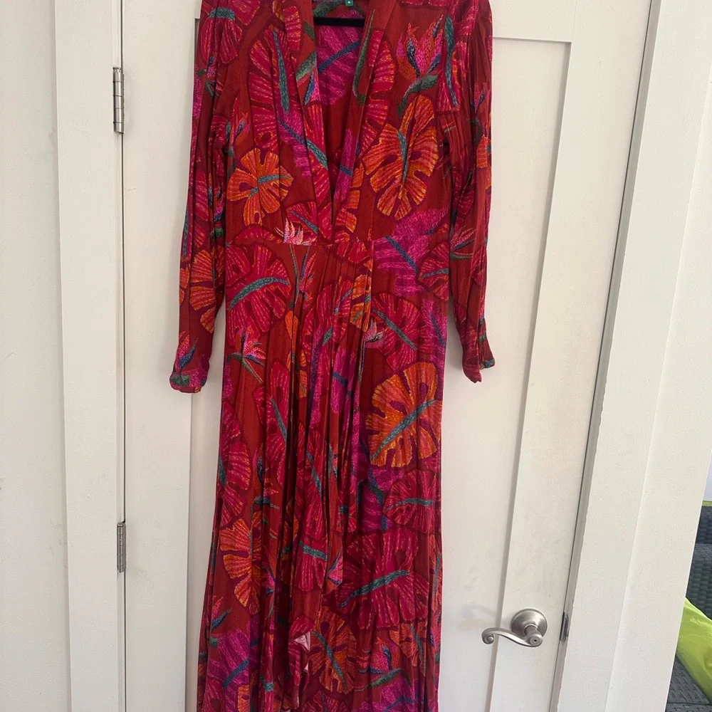 Farm Rio Red Delicate Leaves Maxi Dress Size Medium - Picture 5 of 12